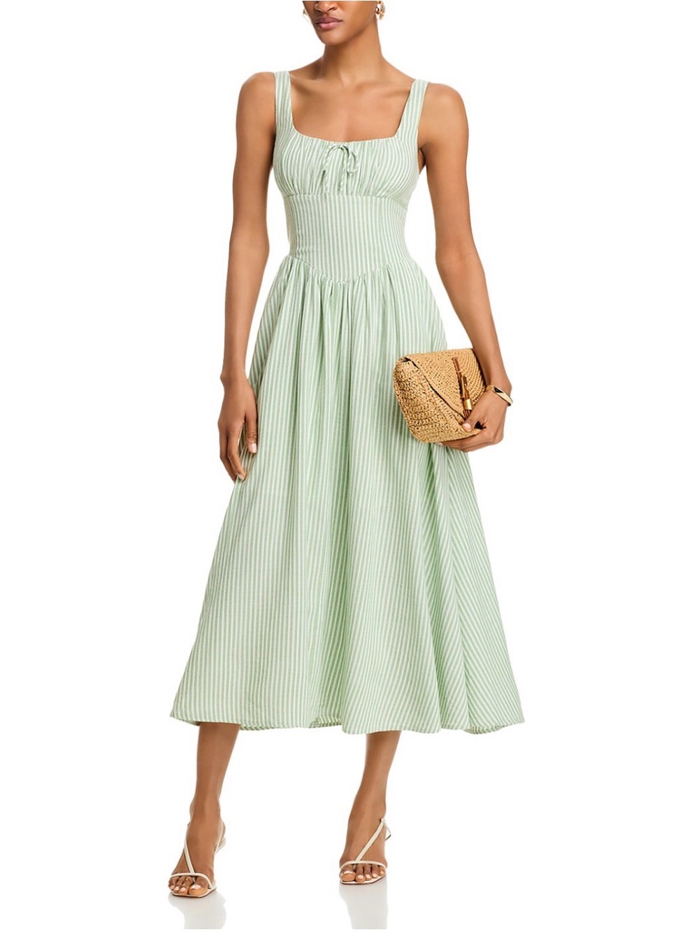Moon River Mint-Striped Square-Neck Midi Dress